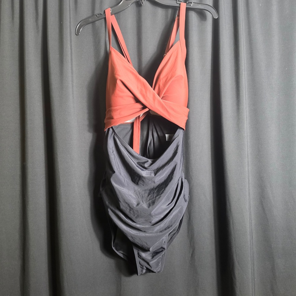 Eomenie One Piece Swimsuit XL Rust Orange Black Ruched Tummy Control Wrap V-Neck